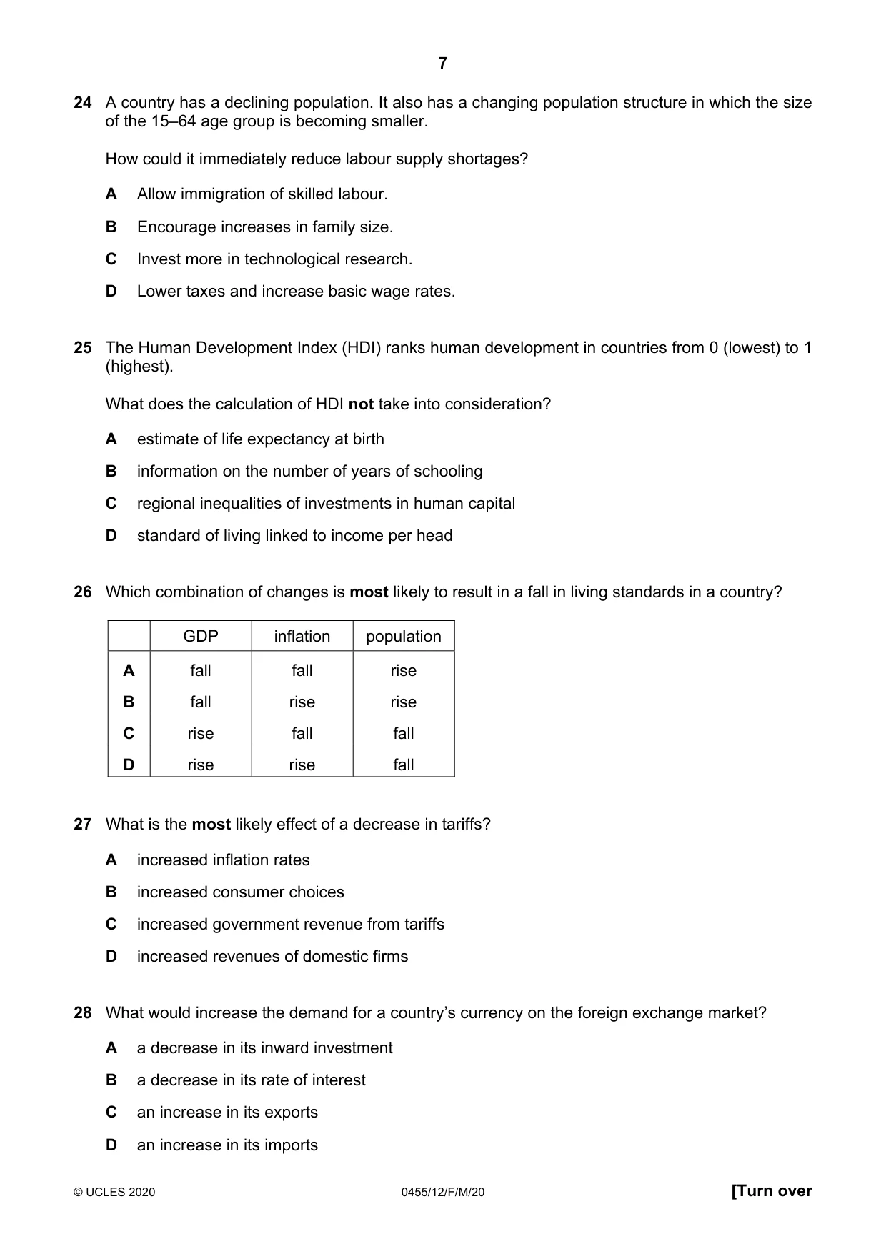 Cambridge IGCSE Economics 0455 2020 Feb/March Paper 1 · Variant 2 question paper, page 7 of 8
