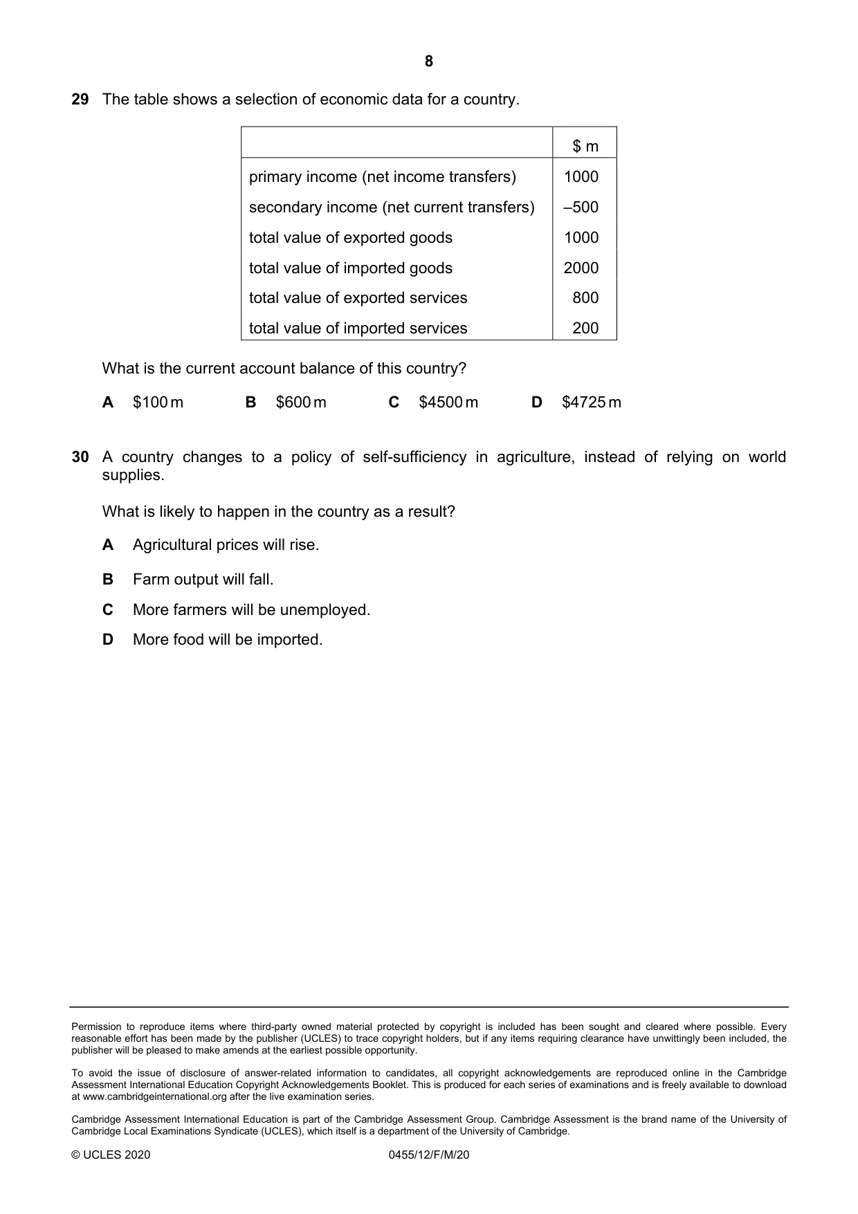 Cambridge IGCSE Economics 0455 2020 Feb/March Paper 1 · Variant 2 question paper, page 8 of 8