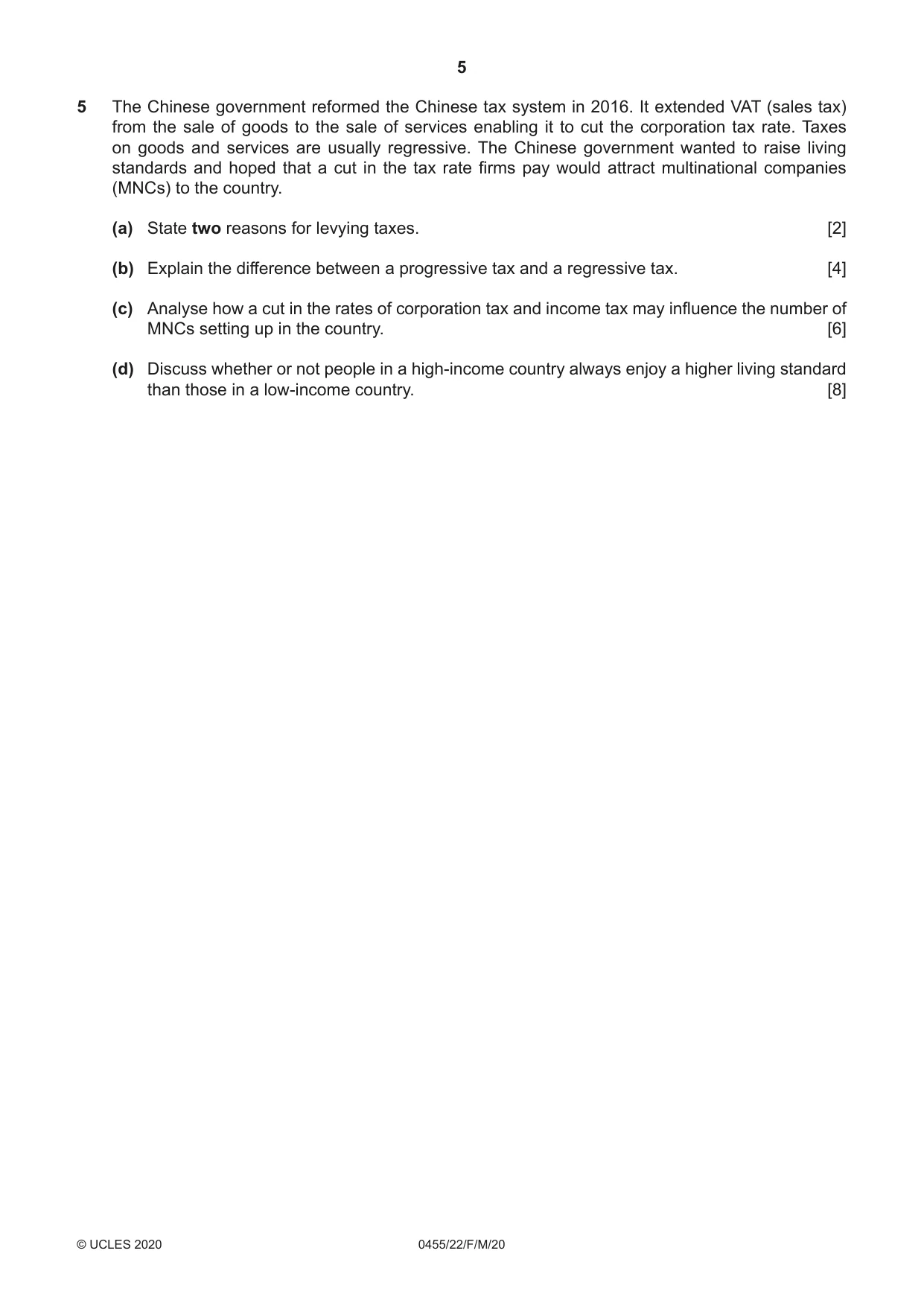 Cambridge IGCSE Economics 0455 2020 Feb/March Paper 2 · Variant 2 question paper, page 5 of 8