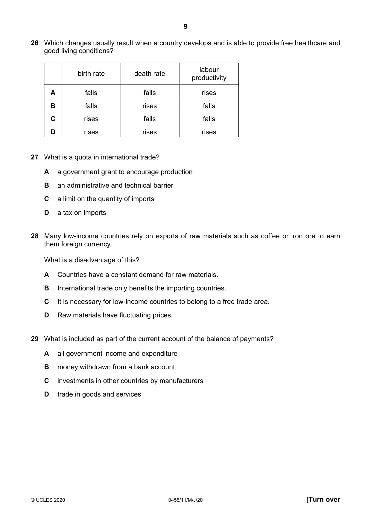 Cambridge IGCSE Economics 0455 2020 May/June Paper 1 · Variant 1 question paper, page 9 of 12