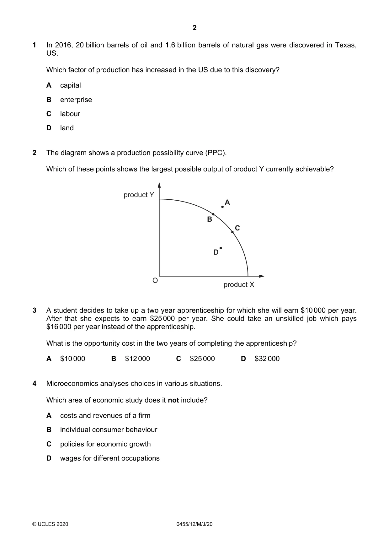 Cambridge IGCSE Economics 0455 2020 May/June Paper 1 · Variant 2 question paper, page 2 of 12