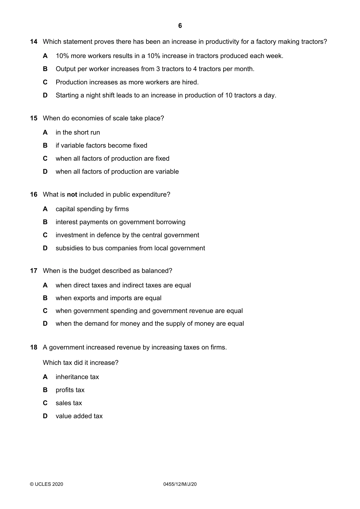 Cambridge IGCSE Economics 0455 2020 May/June Paper 1 · Variant 2 question paper, page 6 of 12