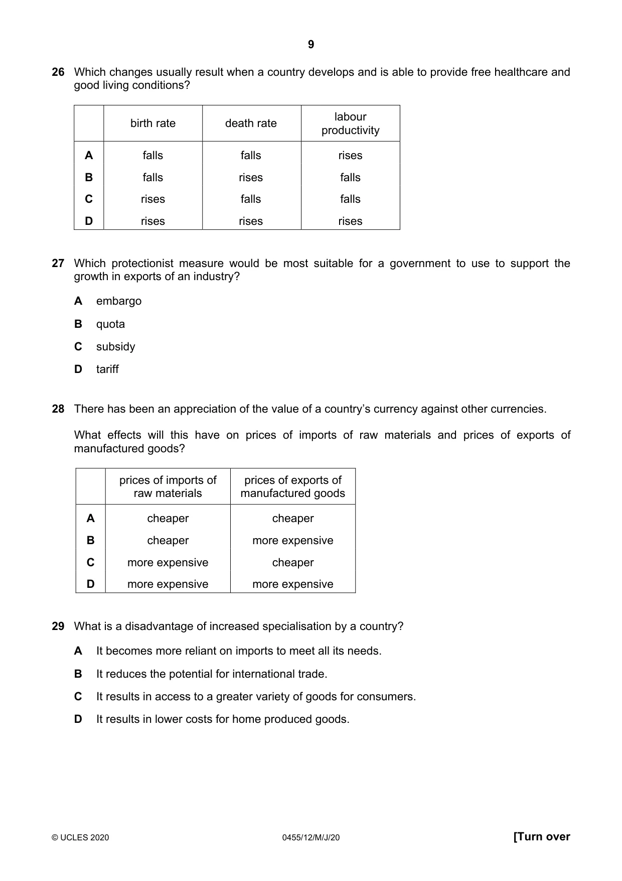 Cambridge IGCSE Economics 0455 2020 May/June Paper 1 · Variant 2 question paper, page 9 of 12