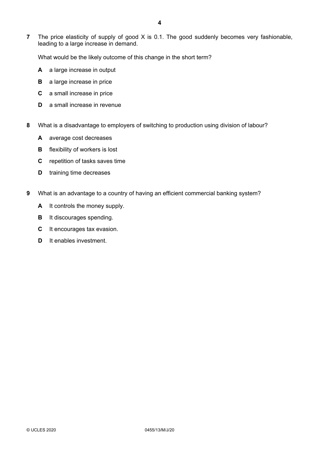 Cambridge IGCSE Economics 0455 2020 May/June Paper 1 · Variant 3 question paper, page 4 of 12