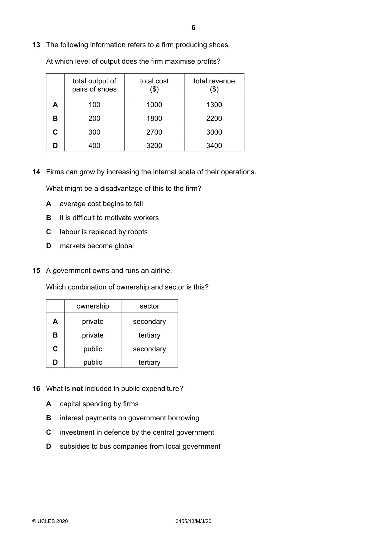 Cambridge IGCSE Economics 0455 2020 May/June Paper 1 · Variant 3 question paper, page 6 of 12