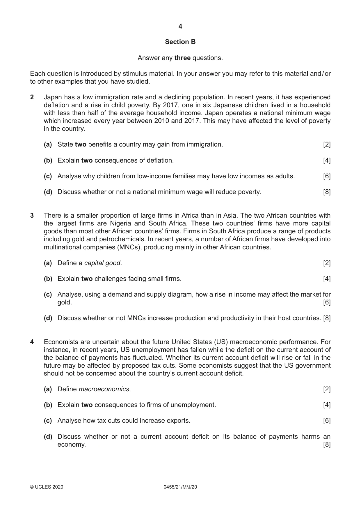 Cambridge IGCSE Economics 0455 2020 May/June Paper 2 · Variant 1 question paper, page 4 of 8