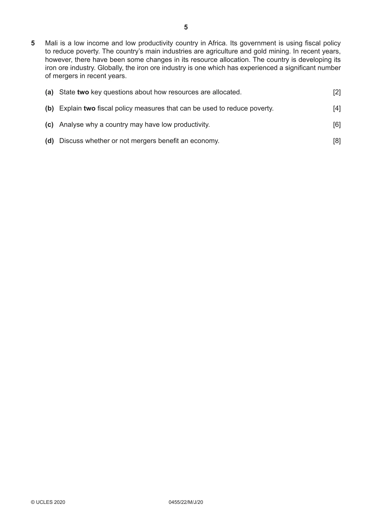 Cambridge IGCSE Economics 0455 2020 May/June Paper 2 · Variant 2 question paper, page 5 of 8
