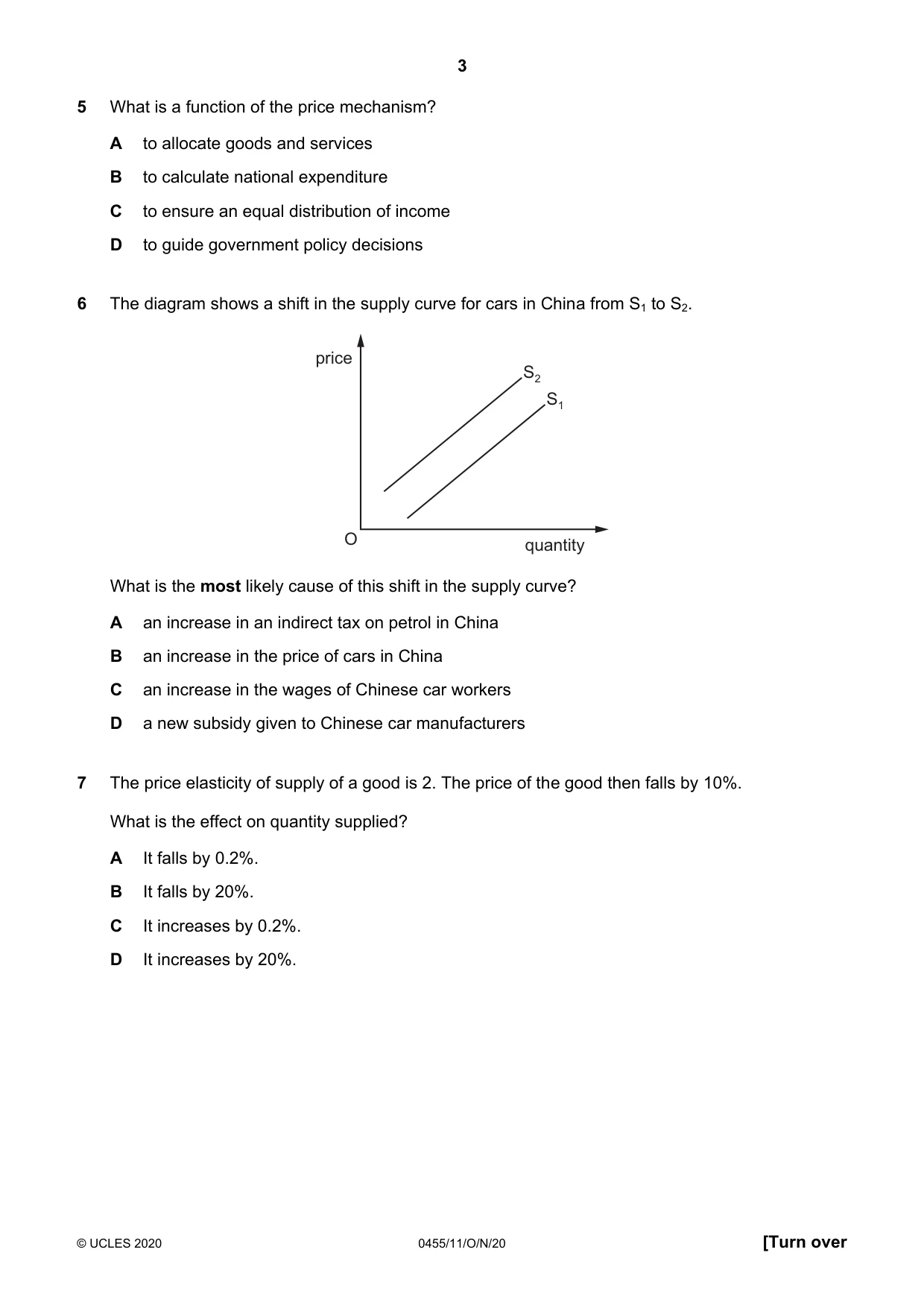 Cambridge IGCSE Economics 0455 2020 Oct/Nov Paper 1 · Variant 1 question paper, page 3 of 12