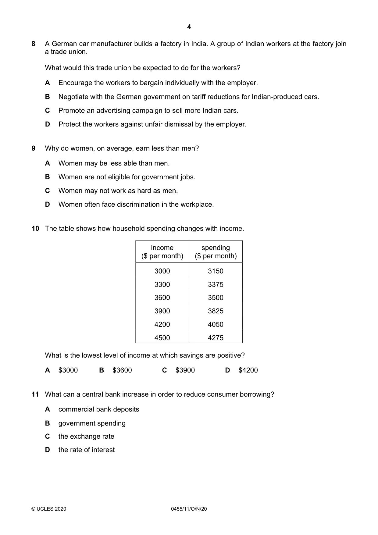 Cambridge IGCSE Economics 0455 2020 Oct/Nov Paper 1 · Variant 1 question paper, page 4 of 12