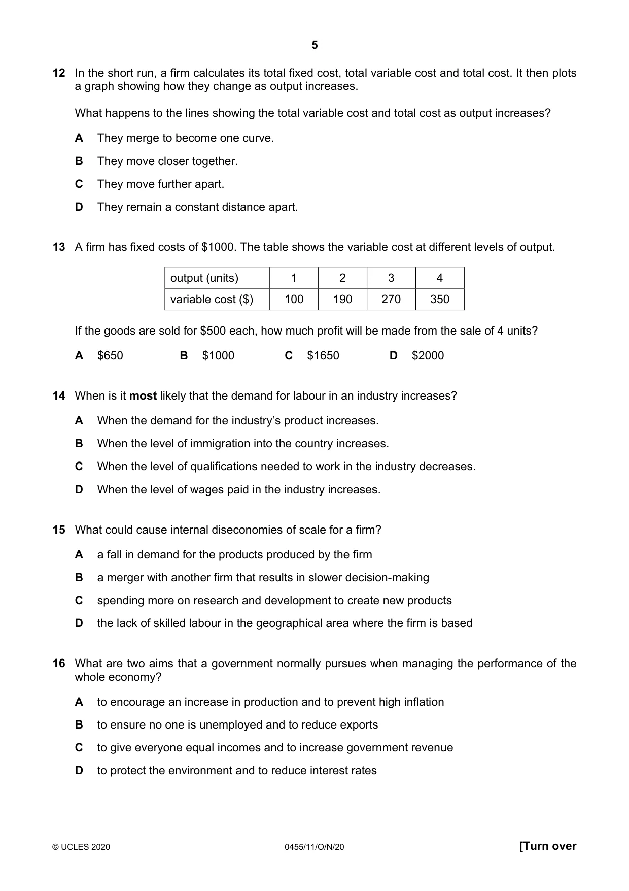 Cambridge IGCSE Economics 0455 2020 Oct/Nov Paper 1 · Variant 1 question paper, page 5 of 12