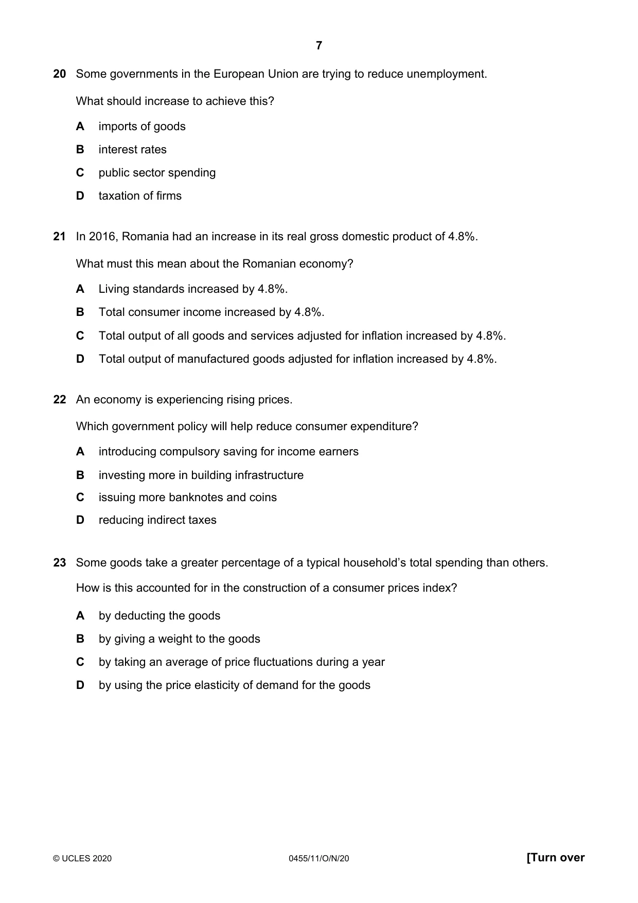 Cambridge IGCSE Economics 0455 2020 Oct/Nov Paper 1 · Variant 1 question paper, page 7 of 12