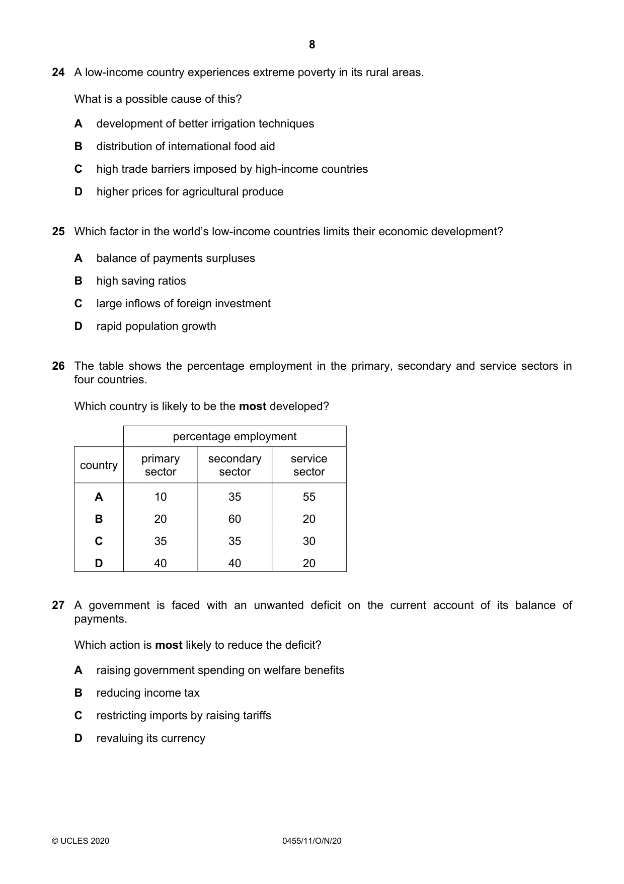 Cambridge IGCSE Economics 0455 2020 Oct/Nov Paper 1 · Variant 1 question paper, page 8 of 12