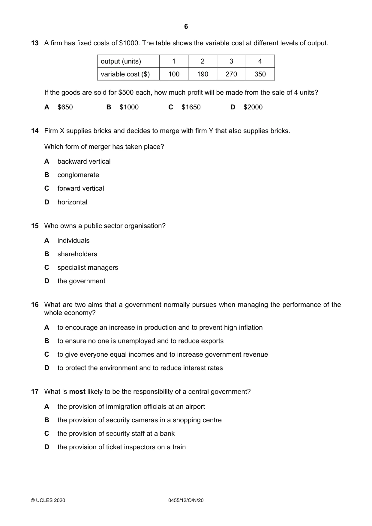 Cambridge IGCSE Economics 0455 2020 Oct/Nov Paper 1 · Variant 2 question paper, page 6 of 12