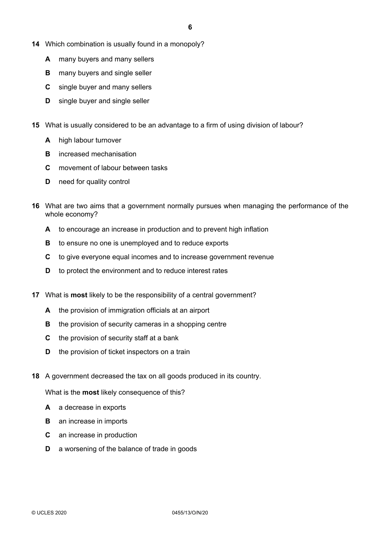 Cambridge IGCSE Economics 0455 2020 Oct/Nov Paper 1 · Variant 3 question paper, page 6 of 12