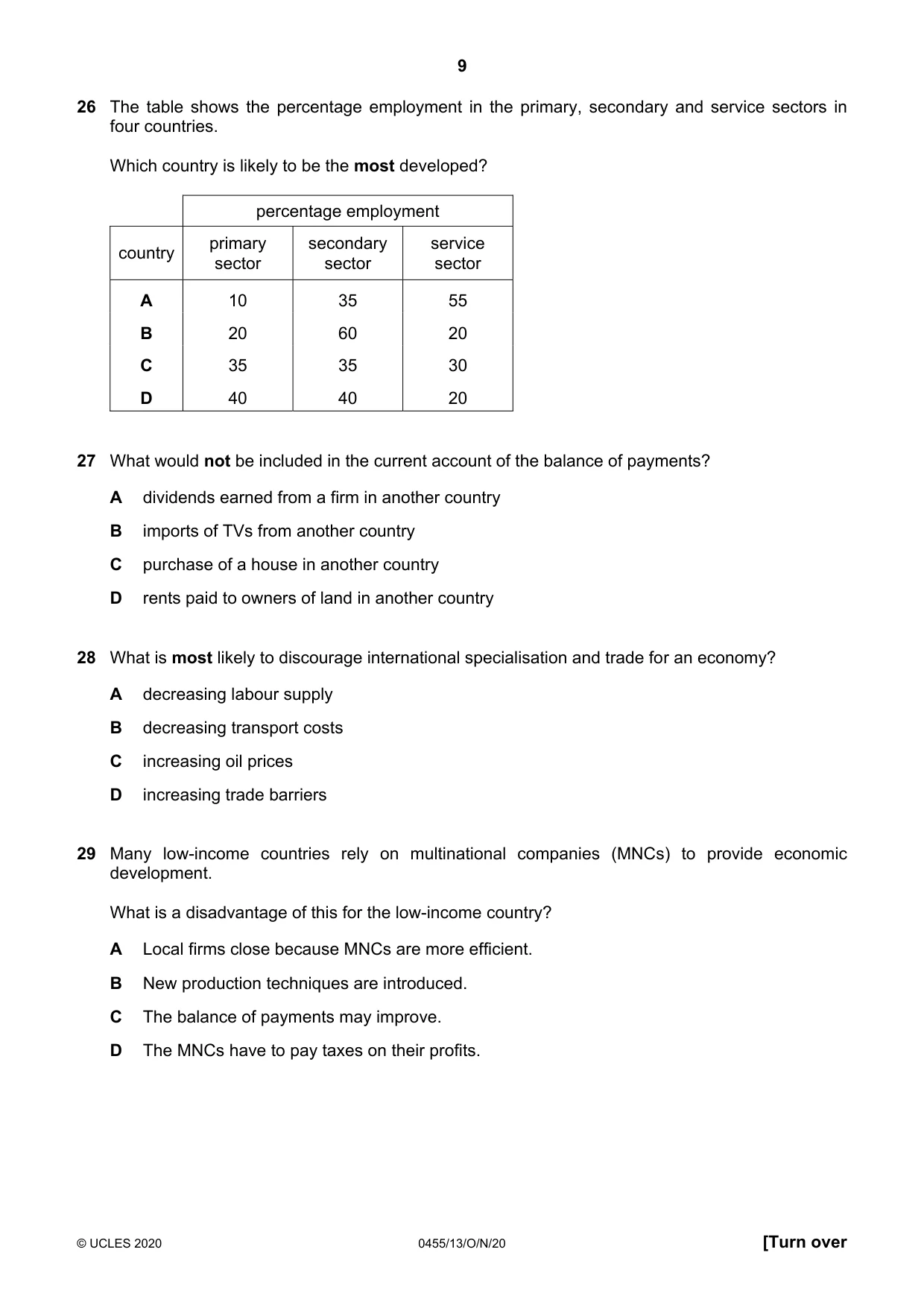 Cambridge IGCSE Economics 0455 2020 Oct/Nov Paper 1 · Variant 3 question paper, page 9 of 12