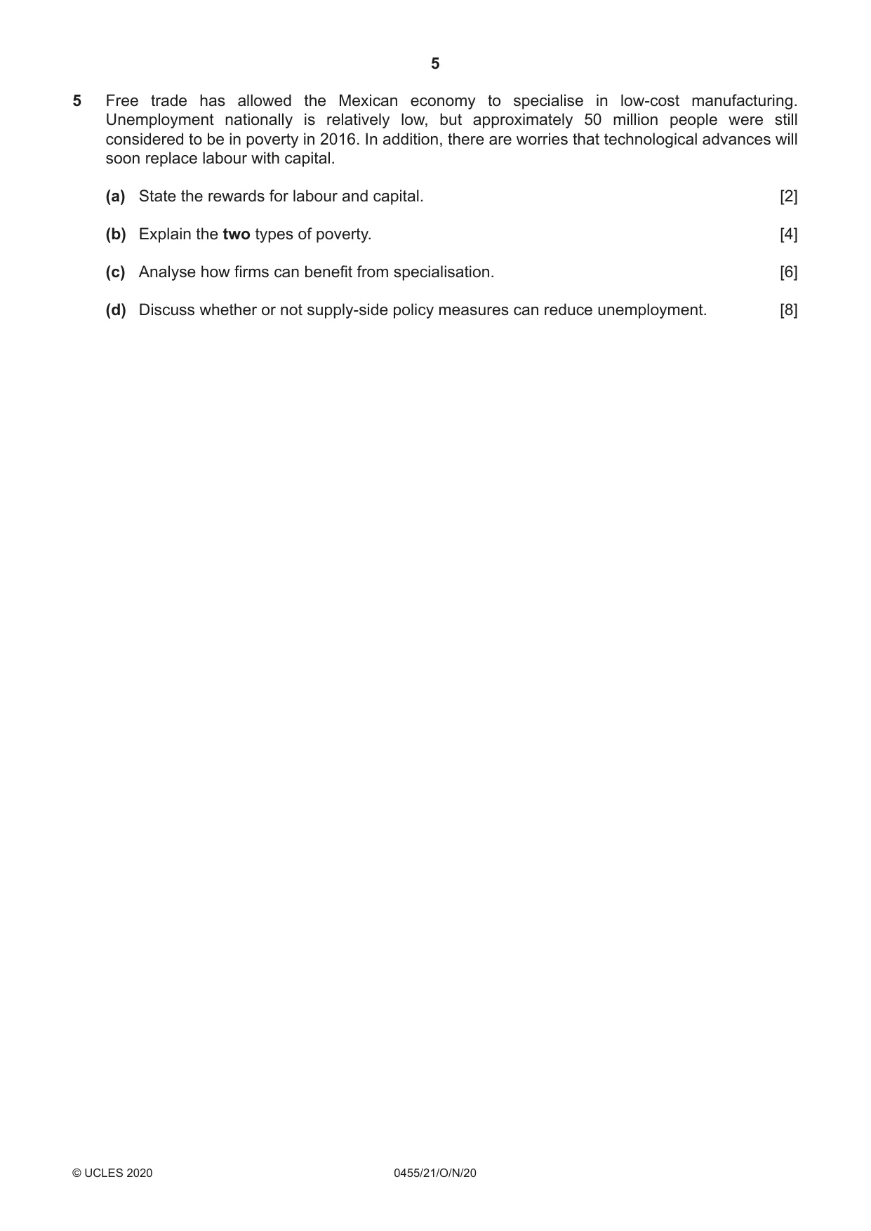 Cambridge IGCSE Economics 0455 2020 Oct/Nov Paper 2 · Variant 1 question paper, page 5 of 8