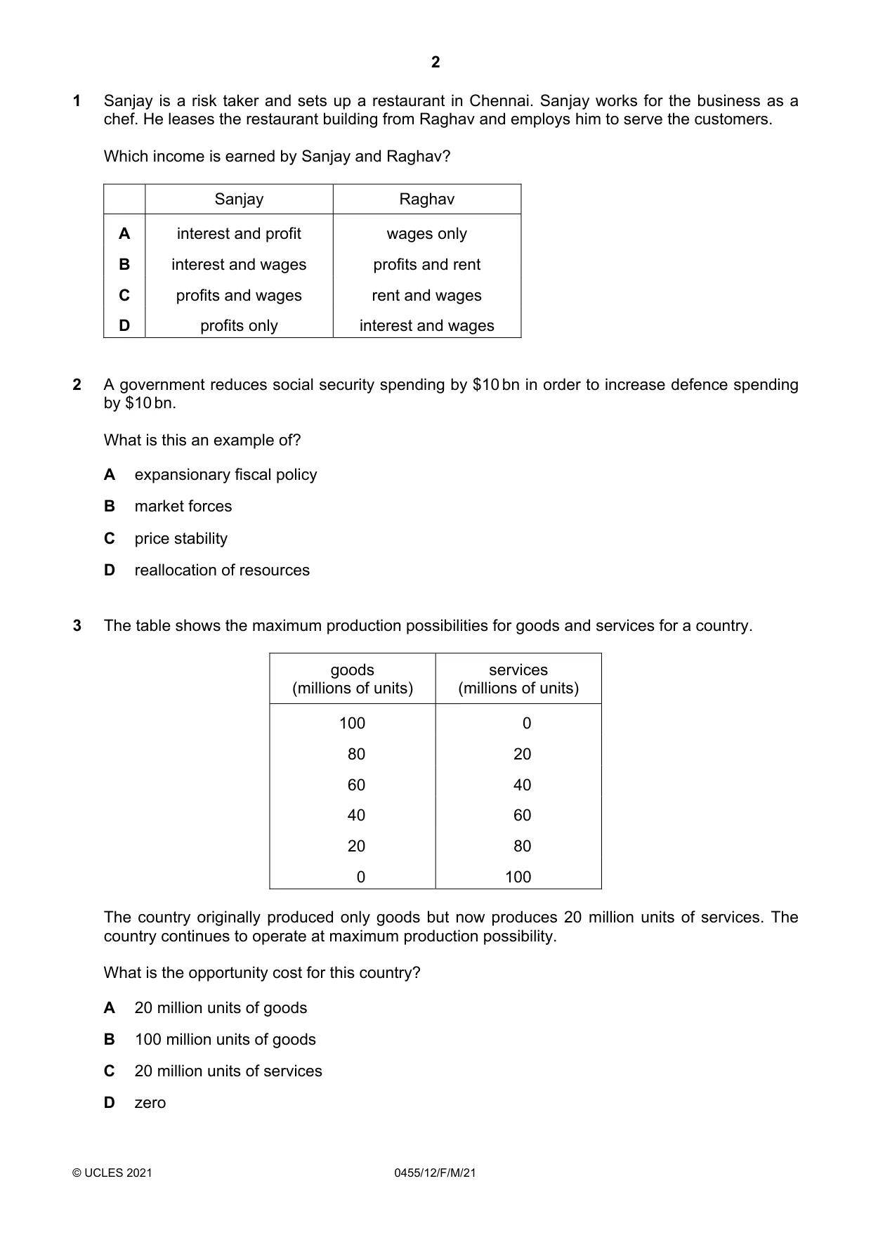 Cambridge IGCSE Economics 0455 2021 Feb/March Paper 1 · Variant 2 question paper, page 2 of 12