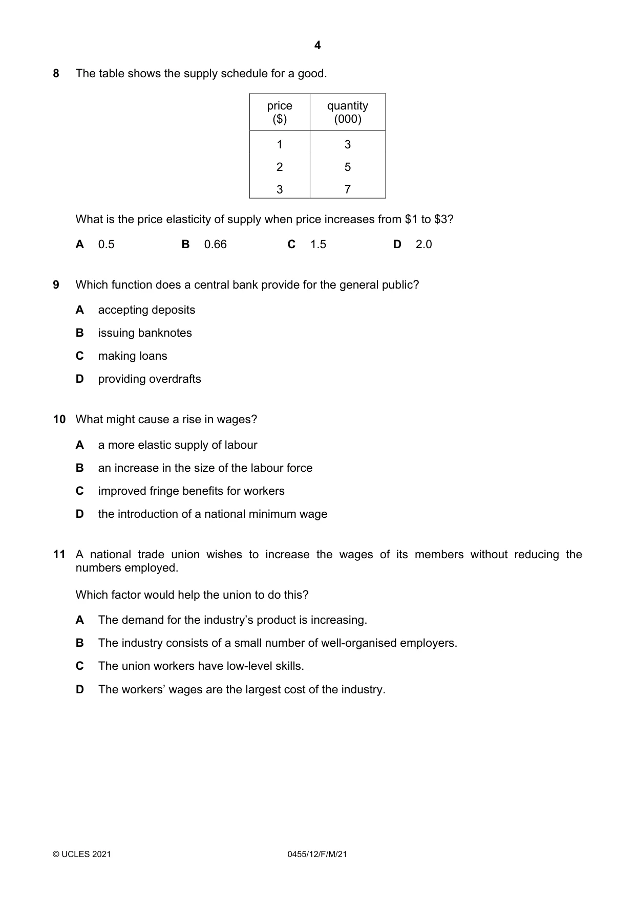 Cambridge IGCSE Economics 0455 2021 Feb/March Paper 1 · Variant 2 question paper, page 4 of 12