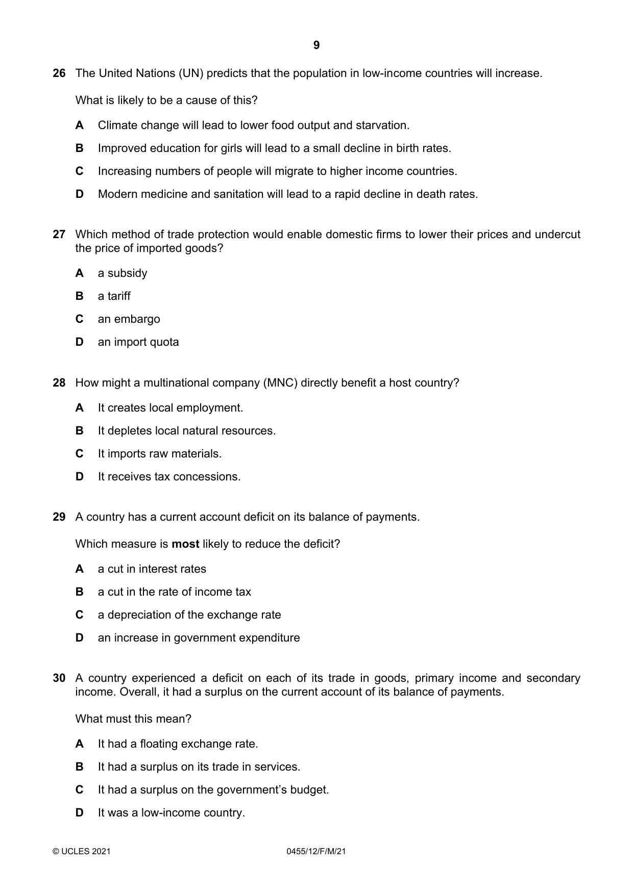 Cambridge IGCSE Economics 0455 2021 Feb/March Paper 1 · Variant 2 question paper, page 9 of 12