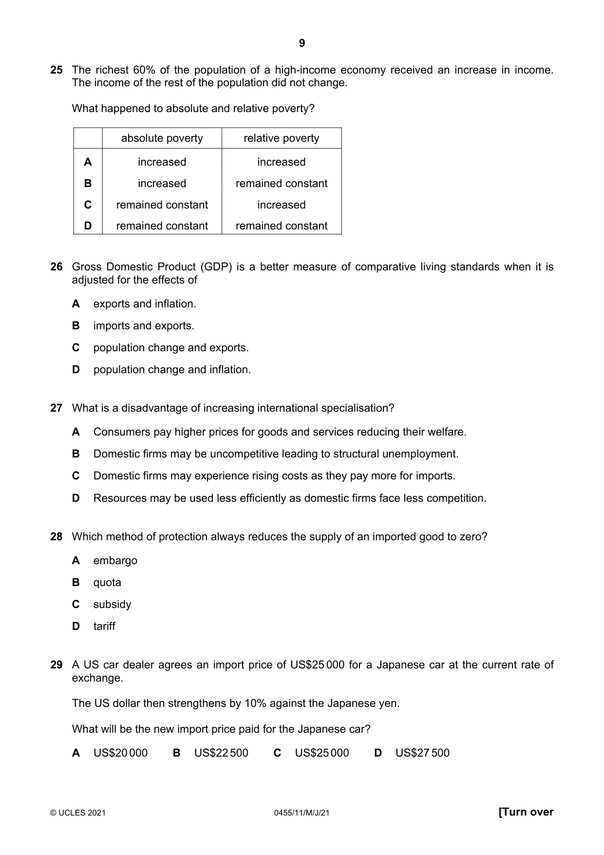 Cambridge IGCSE Economics 0455 2021 May/June Paper 1 · Variant 1 question paper, page 9 of 12
