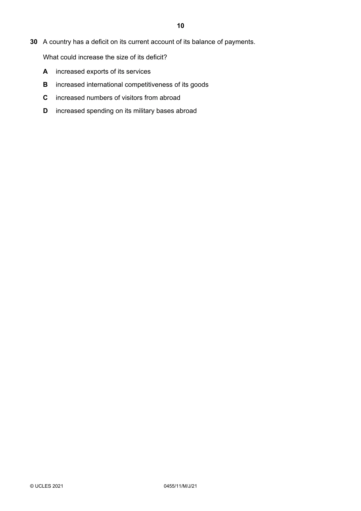 Cambridge IGCSE Economics 0455 2021 May/June Paper 1 · Variant 1 question paper, page 10 of 12