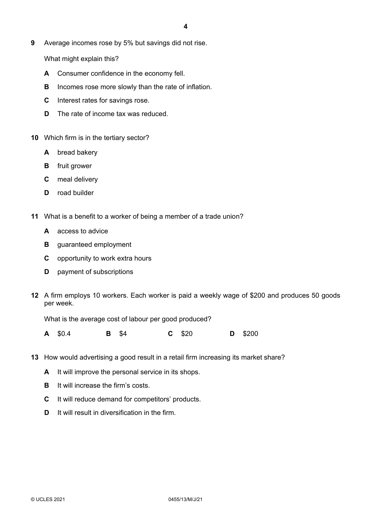 Cambridge IGCSE Economics 0455 2021 May/June Paper 1 · Variant 3 question paper, page 4 of 12