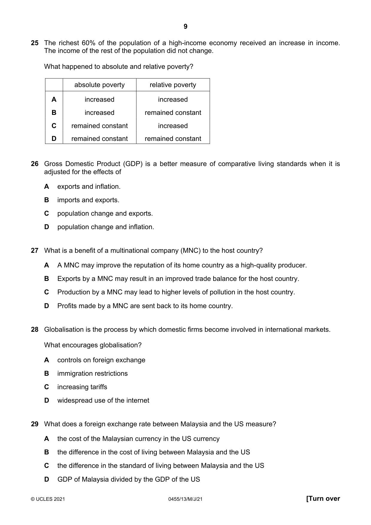 Cambridge IGCSE Economics 0455 2021 May/June Paper 1 · Variant 3 question paper, page 9 of 12