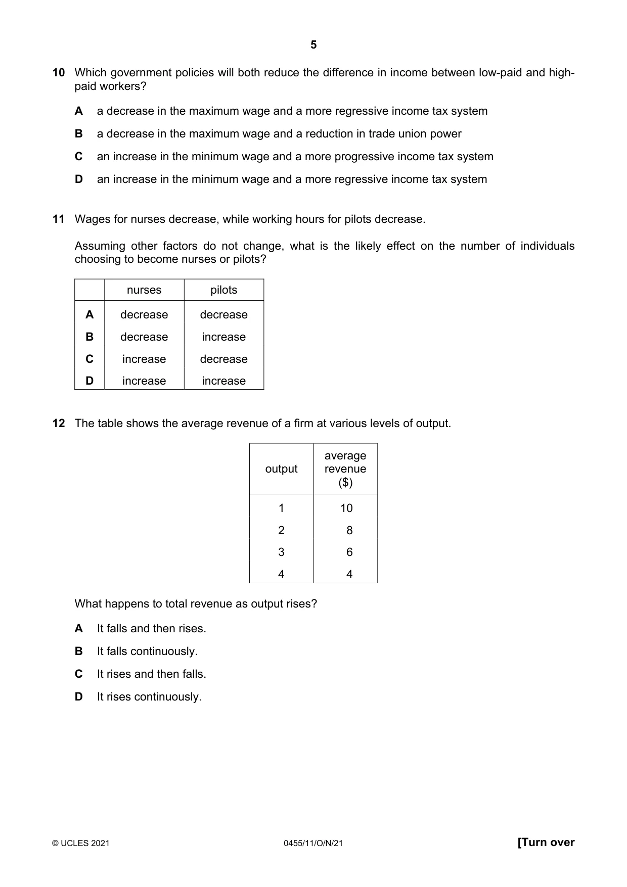 Cambridge IGCSE Economics 0455 2021 Oct/Nov Paper 1 · Variant 1 question paper, page 5 of 12