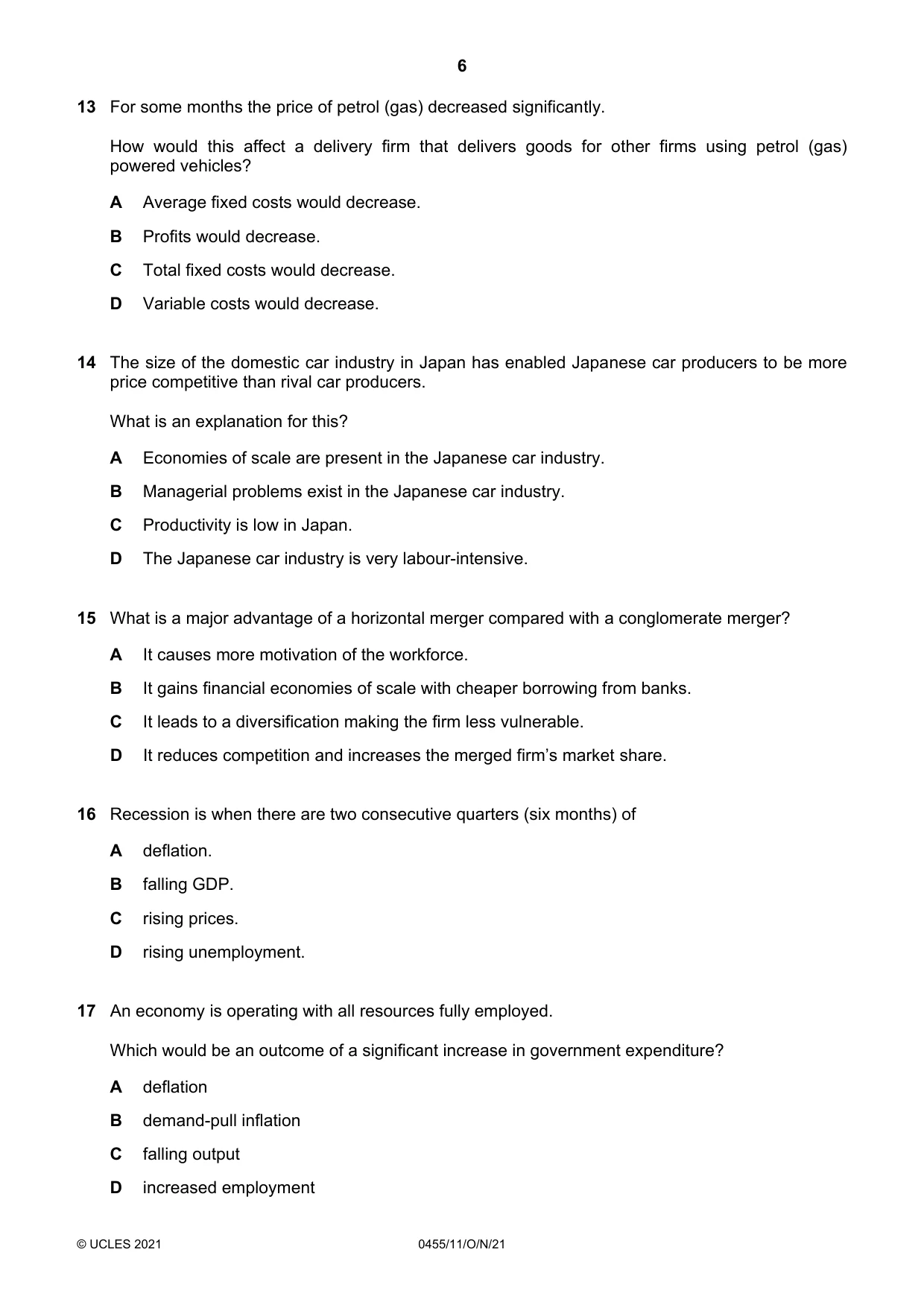 Cambridge IGCSE Economics 0455 2021 Oct/Nov Paper 1 · Variant 1 question paper, page 6 of 12