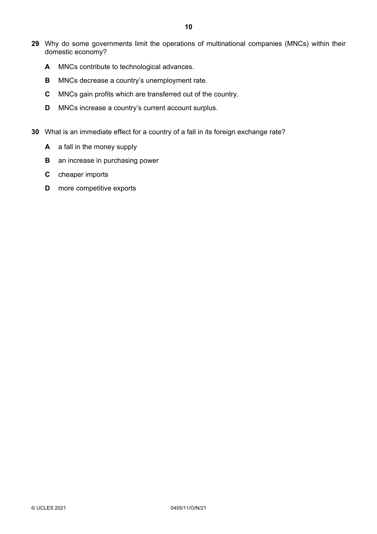 Cambridge IGCSE Economics 0455 2021 Oct/Nov Paper 1 · Variant 1 question paper, page 10 of 12