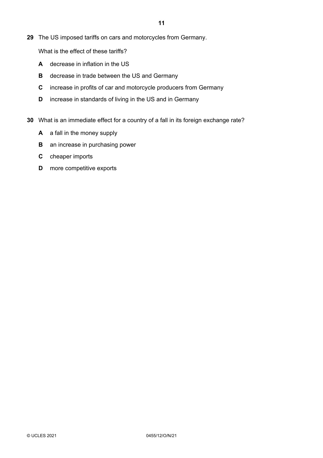 Cambridge IGCSE Economics 0455 2021 Oct/Nov Paper 1 · Variant 2 question paper, page 11 of 12