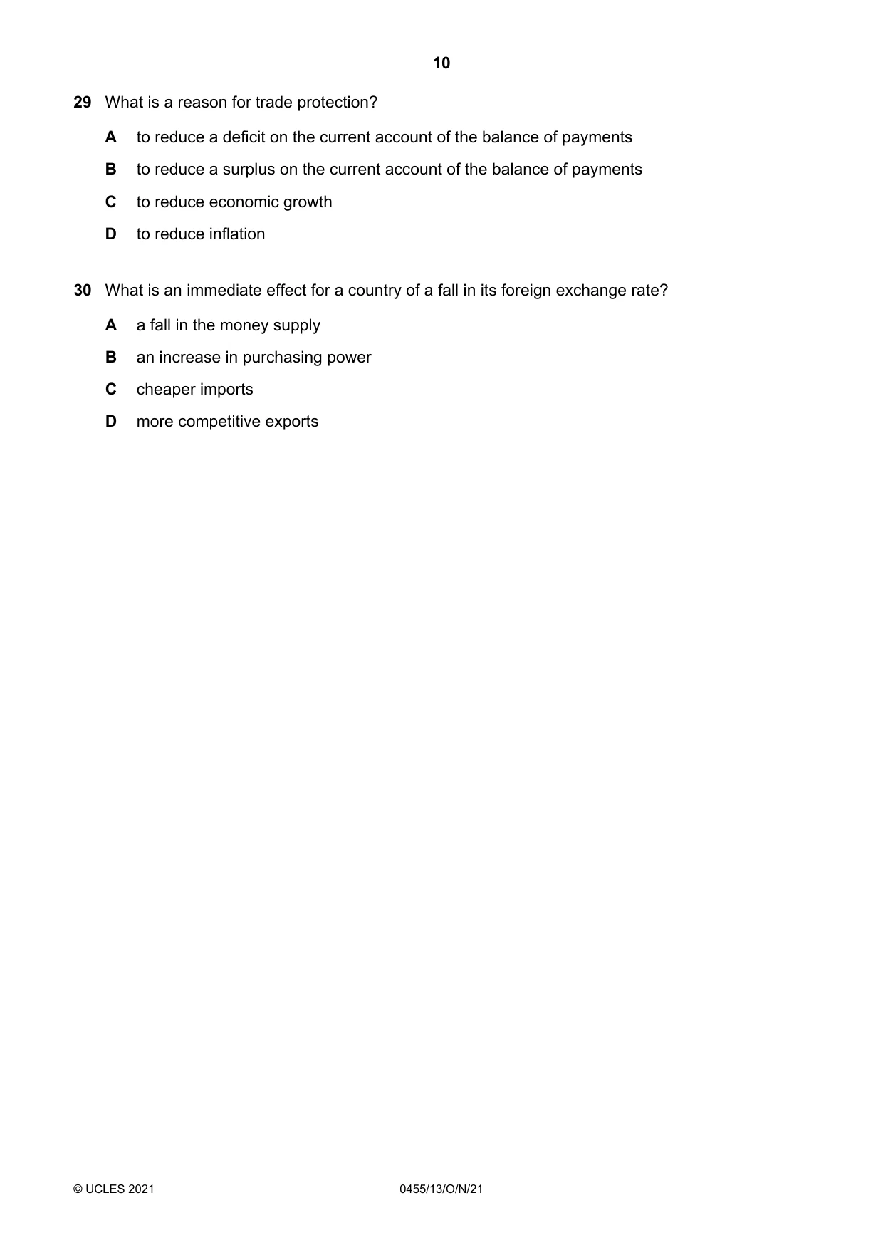 Cambridge IGCSE Economics 0455 2021 Oct/Nov Paper 1 · Variant 3 question paper, page 10 of 12