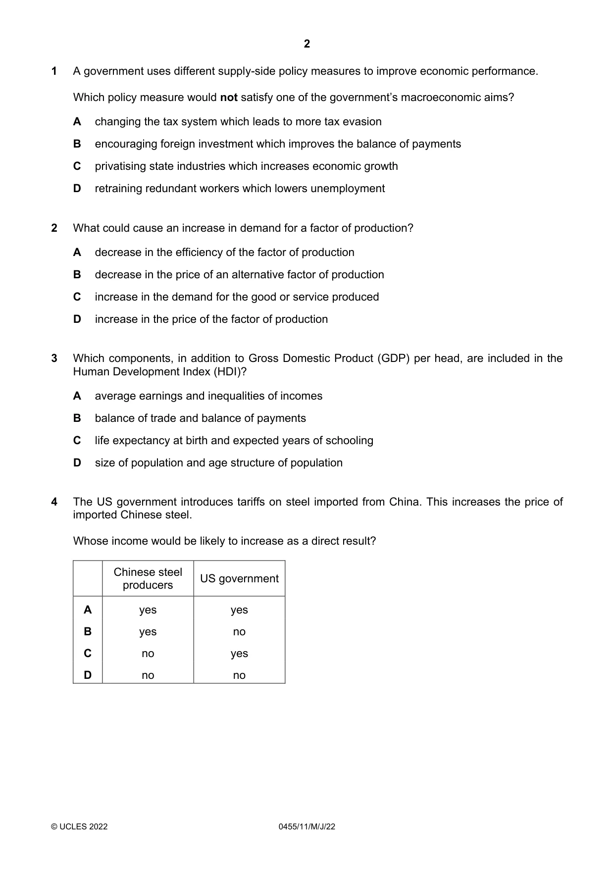 Cambridge IGCSE Economics 0455 2022 May/June Paper 1 · Variant 1 question paper, page 2 of 12
