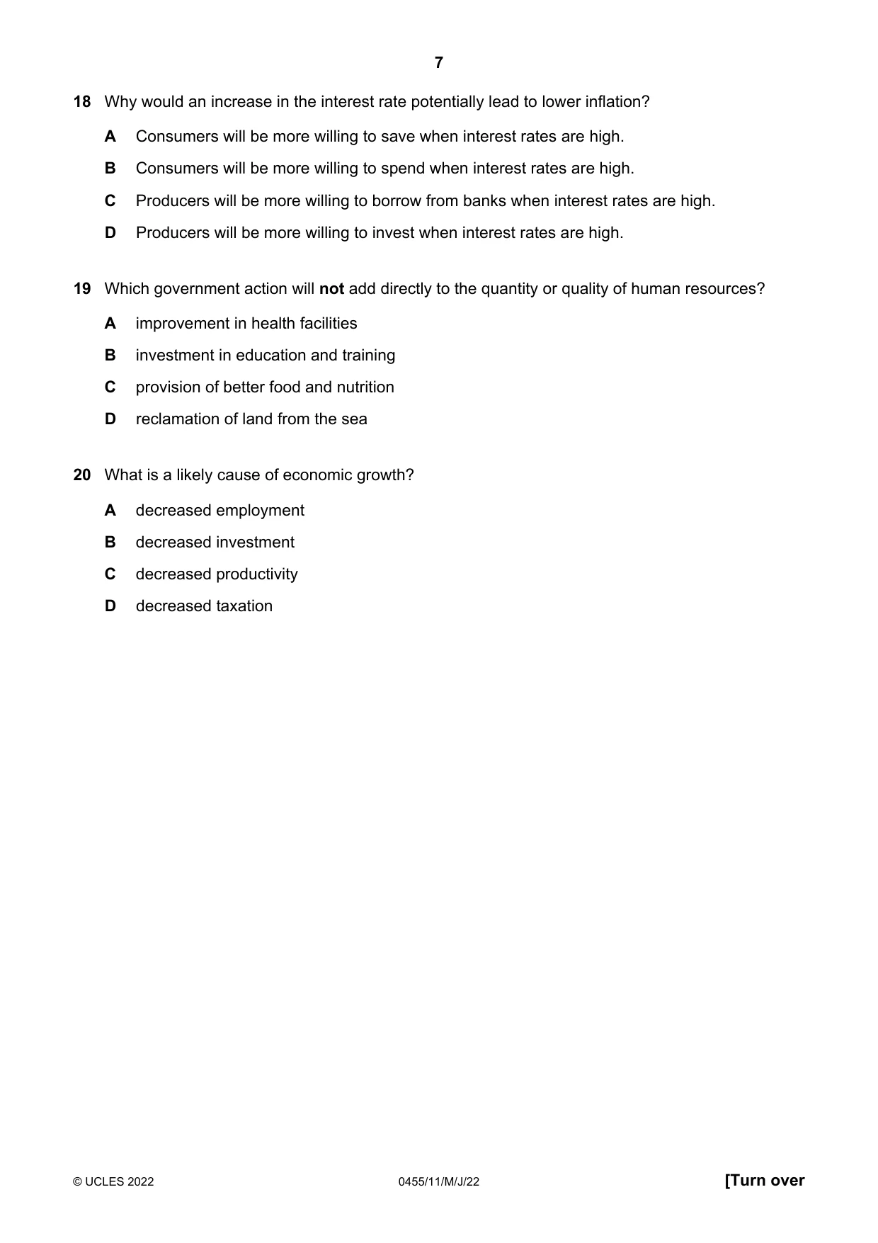 Cambridge IGCSE Economics 0455 2022 May/June Paper 1 · Variant 1 question paper, page 7 of 12
