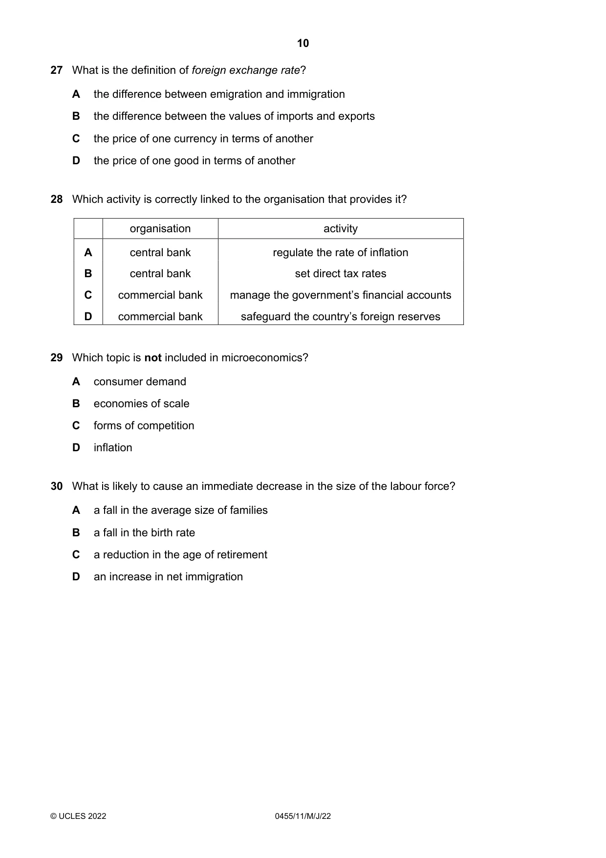 Cambridge IGCSE Economics 0455 2022 May/June Paper 1 · Variant 1 question paper, page 10 of 12