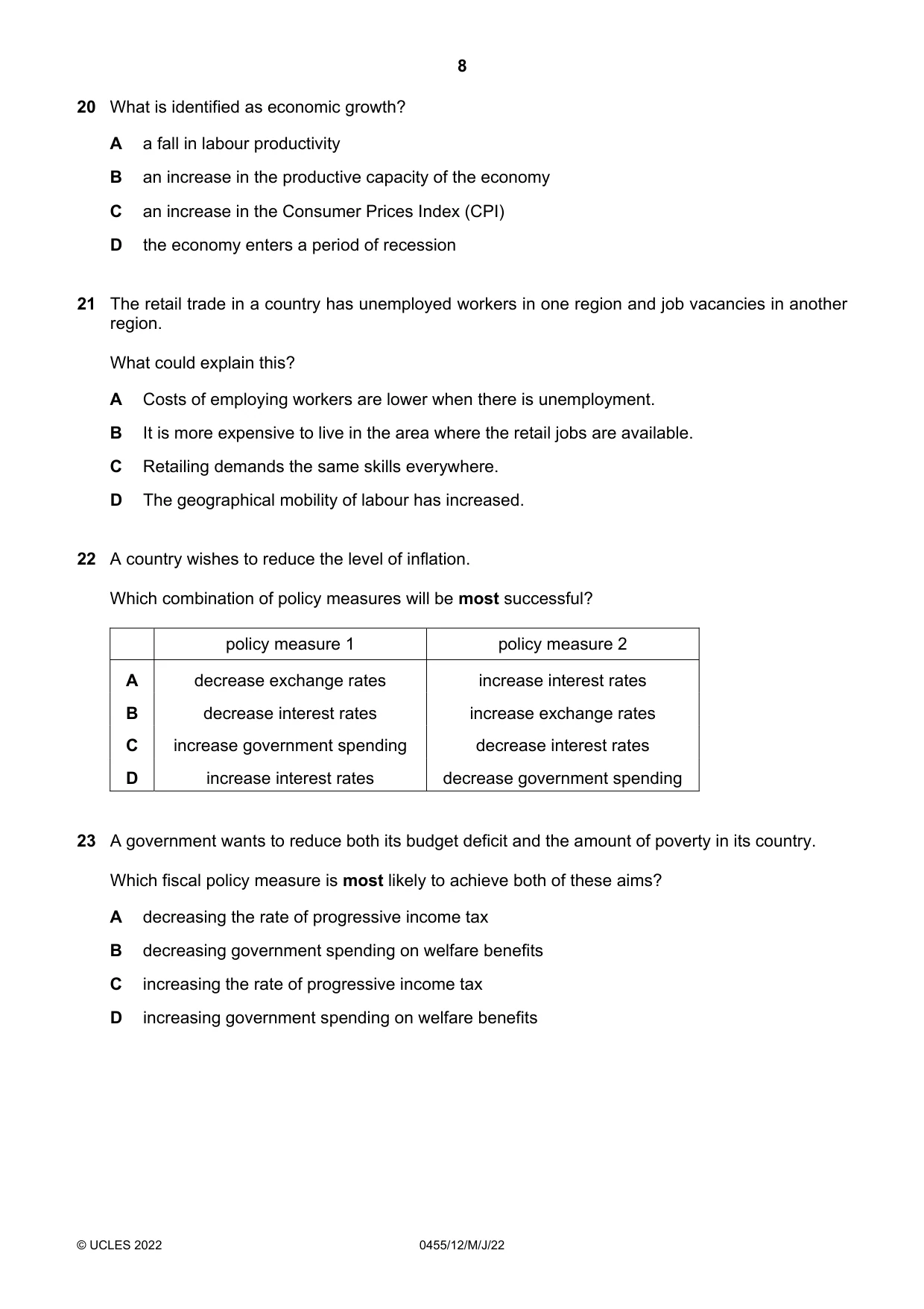 Cambridge IGCSE Economics 0455 2022 May/June Paper 1 · Variant 2 question paper, page 8 of 12