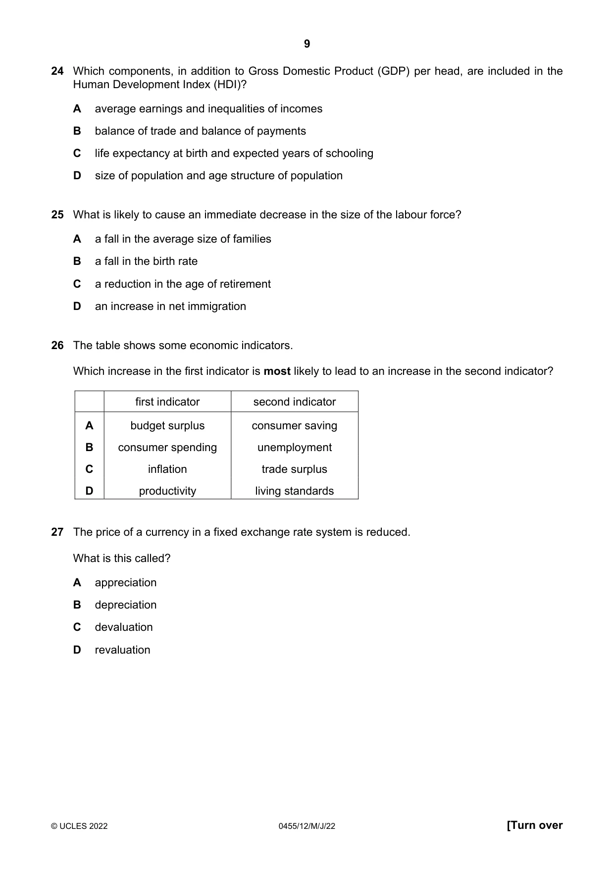 Cambridge IGCSE Economics 0455 2022 May/June Paper 1 · Variant 2 question paper, page 9 of 12