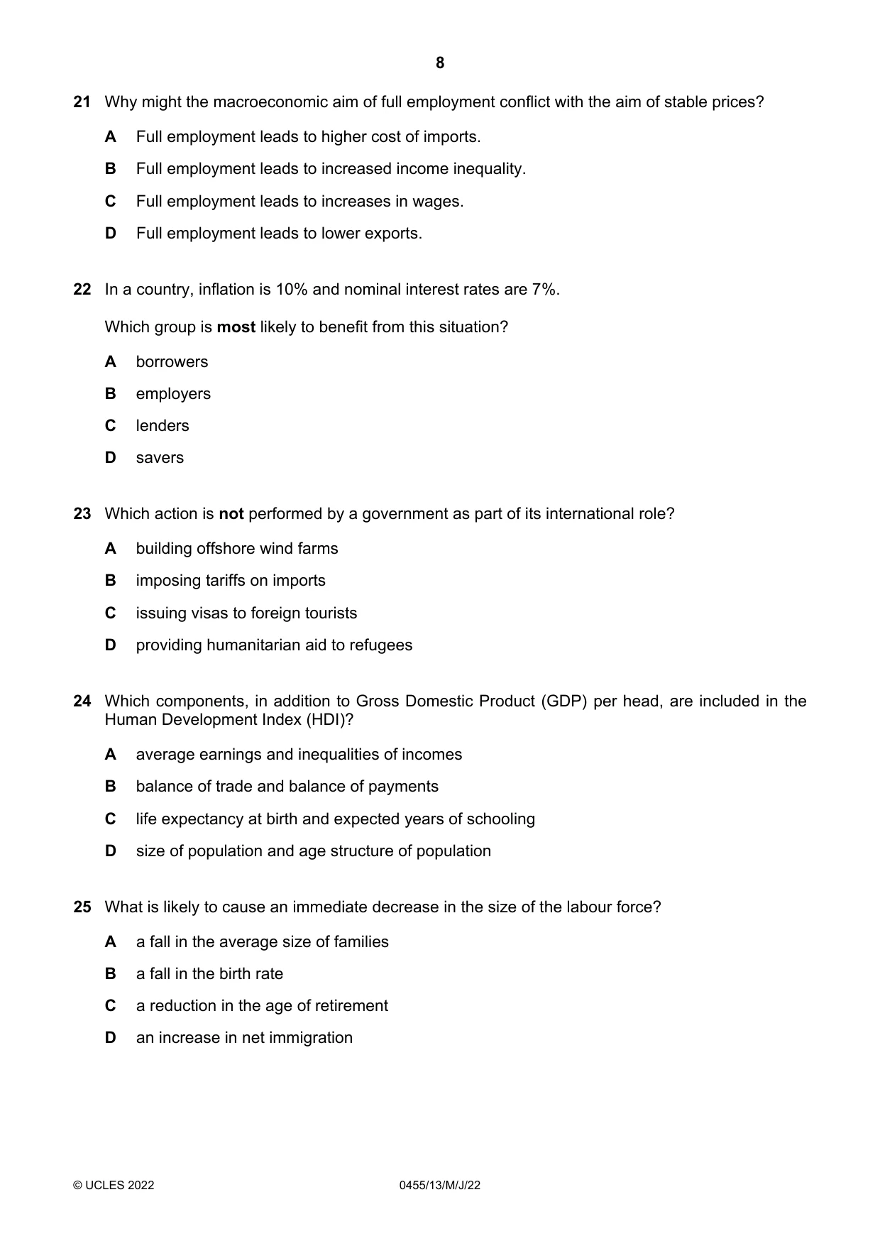 Cambridge IGCSE Economics 0455 2022 May/June Paper 1 · Variant 3 question paper, page 8 of 12