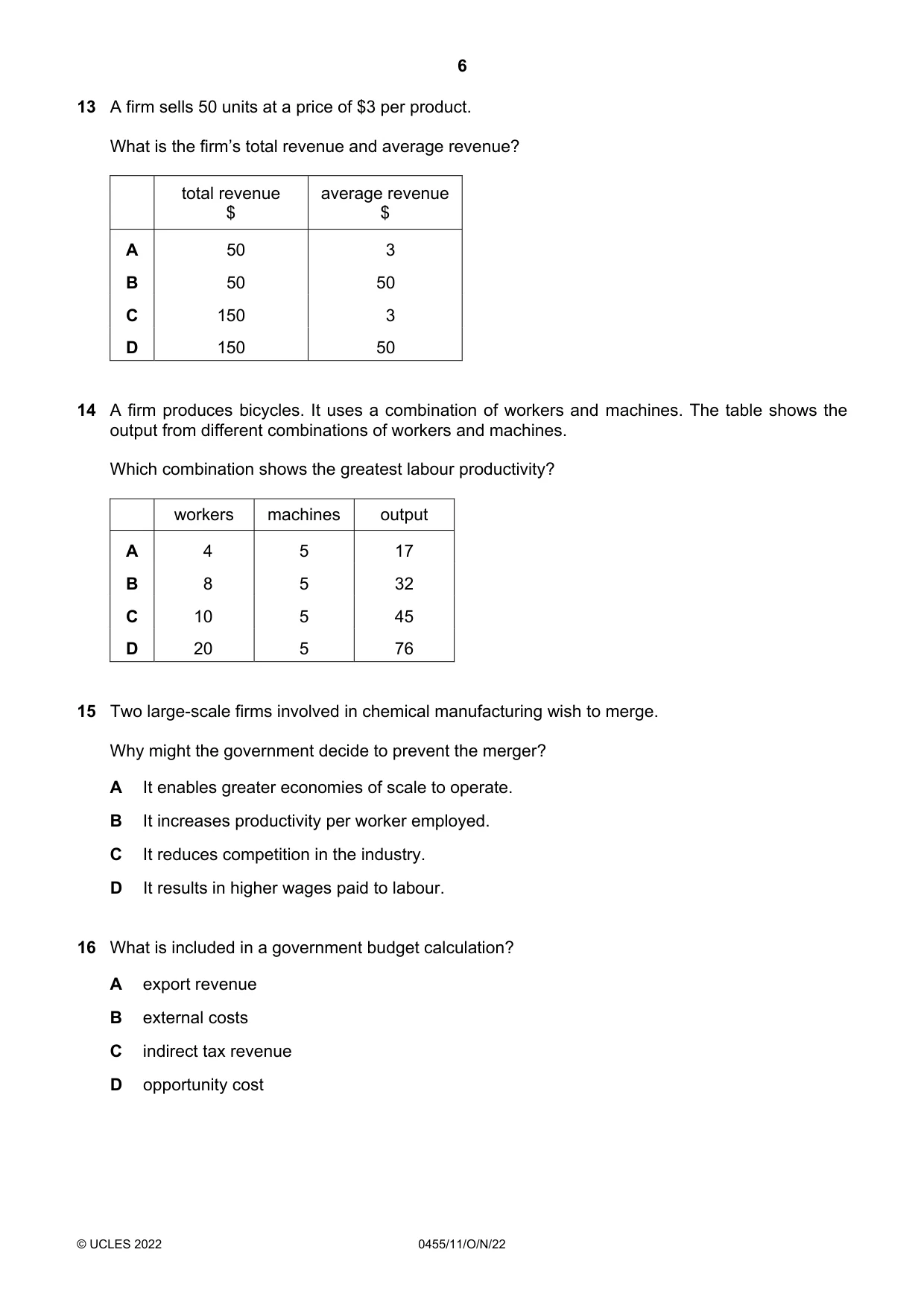 Cambridge IGCSE Economics 0455 2022 Oct/Nov Paper 1 · Variant 1 question paper, page 6 of 12