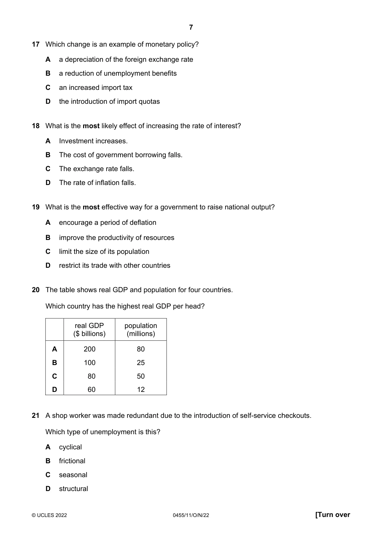 Cambridge IGCSE Economics 0455 2022 Oct/Nov Paper 1 · Variant 1 question paper, page 7 of 12