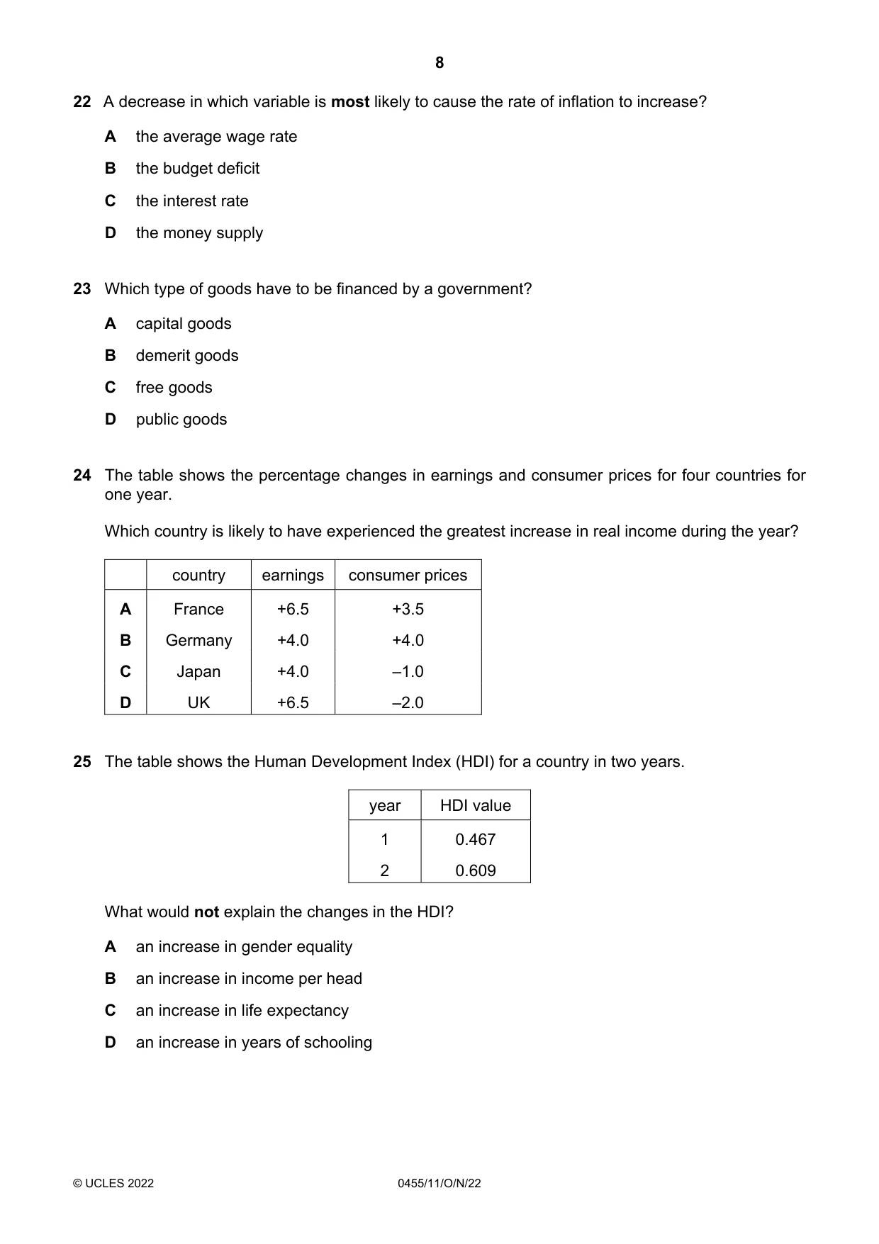 Cambridge IGCSE Economics 0455 2022 Oct/Nov Paper 1 · Variant 1 question paper, page 8 of 12