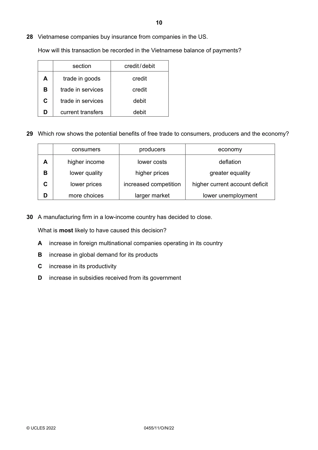 Cambridge IGCSE Economics 0455 2022 Oct/Nov Paper 1 · Variant 1 question paper, page 10 of 12