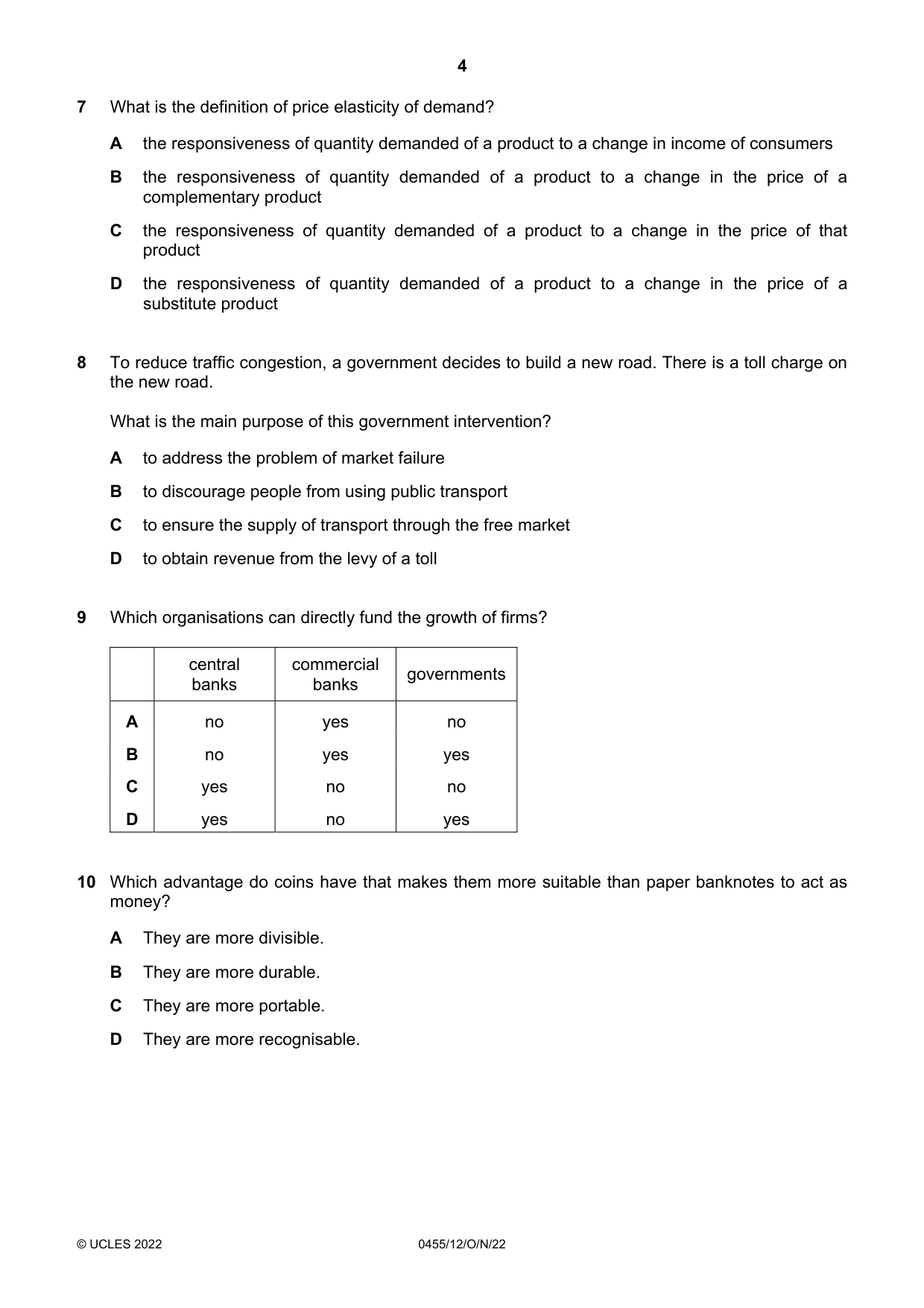 Cambridge IGCSE Economics 0455 2022 Oct/Nov Paper 1 · Variant 2 question paper, page 4 of 12