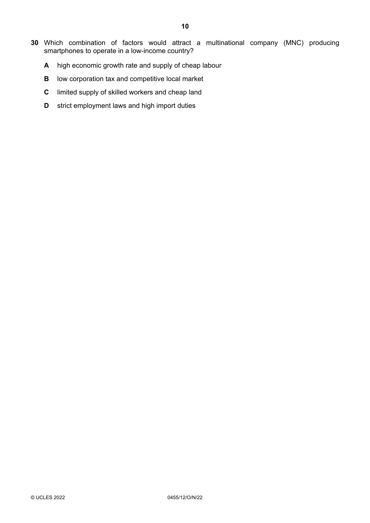 Cambridge IGCSE Economics 0455 2022 Oct/Nov Paper 1 · Variant 2 question paper, page 10 of 12
