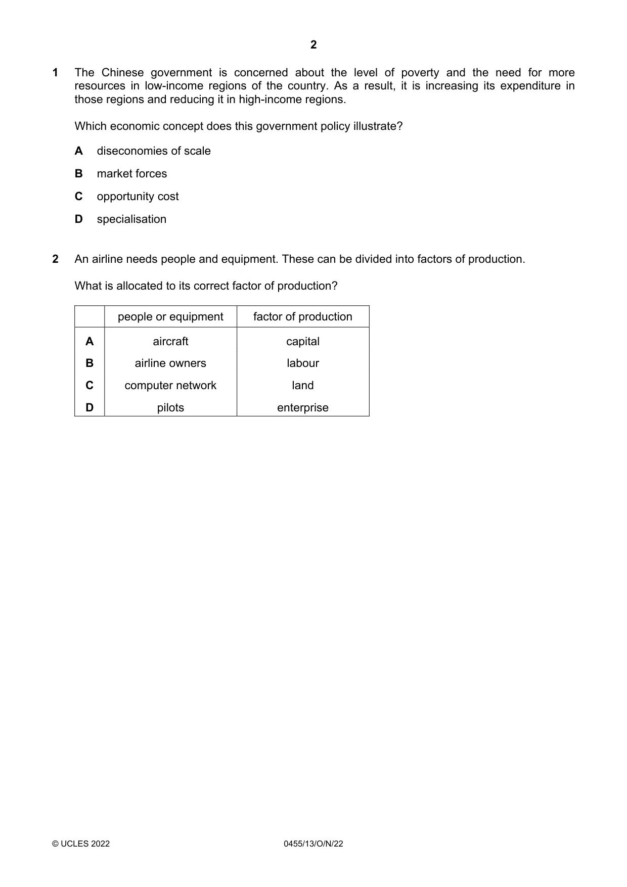Cambridge IGCSE Economics 0455 2022 Oct/Nov Paper 1 · Variant 3 question paper, page 2 of 12