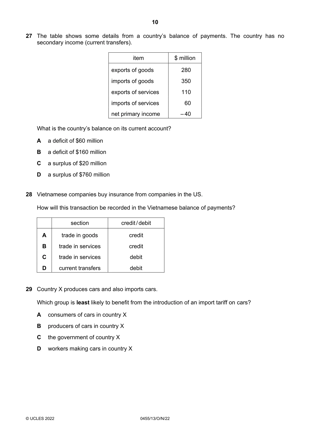 Cambridge IGCSE Economics 0455 2022 Oct/Nov Paper 1 · Variant 3 question paper, page 10 of 12