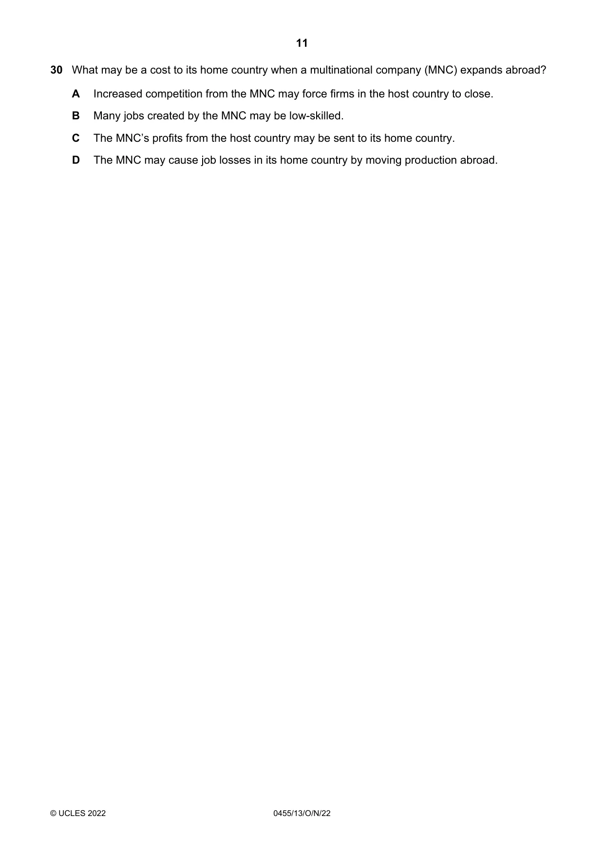 Cambridge IGCSE Economics 0455 2022 Oct/Nov Paper 1 · Variant 3 question paper, page 11 of 12