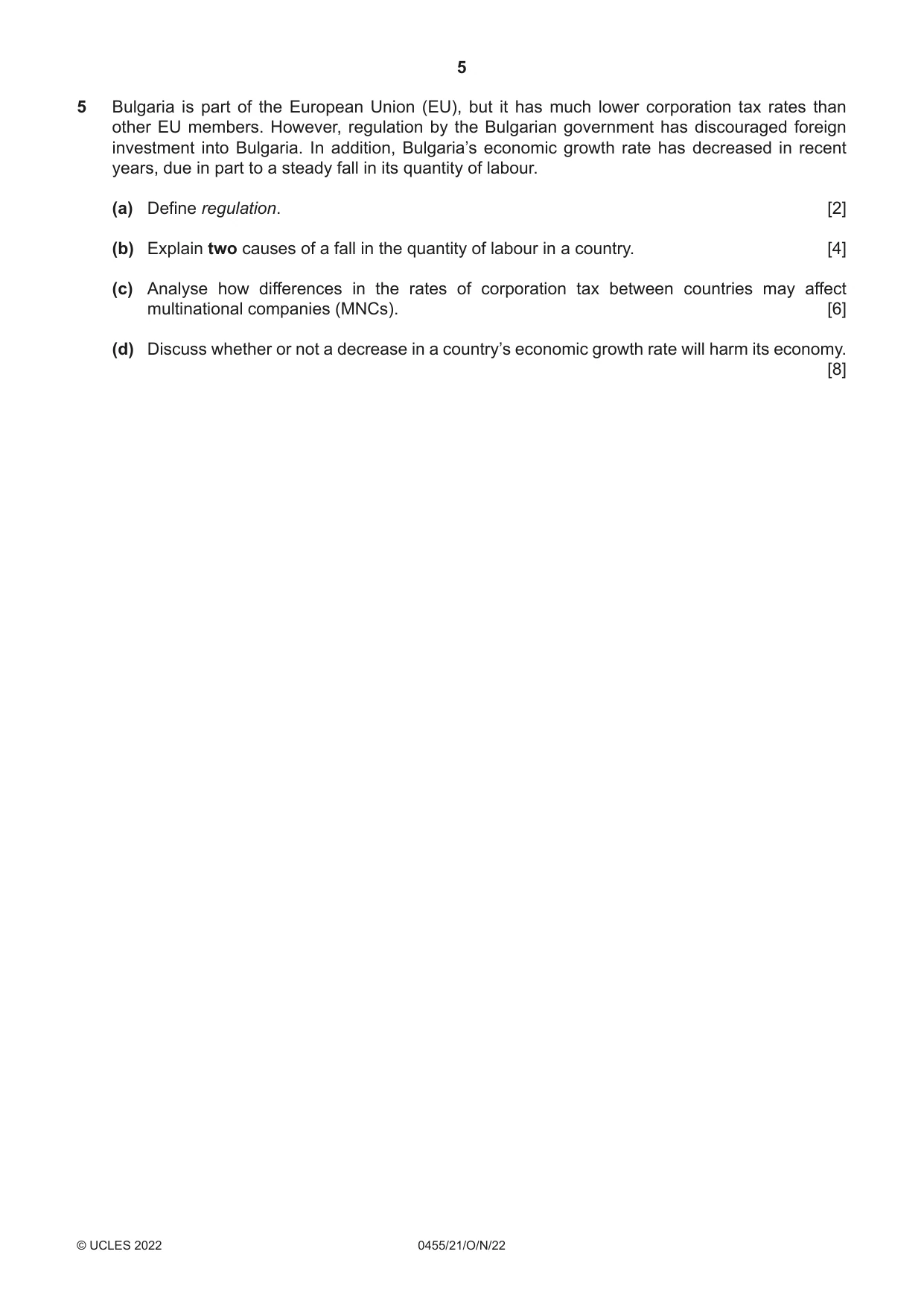 Cambridge IGCSE Economics 0455 2022 Oct/Nov Paper 2 · Variant 1 question paper, page 5 of 8
