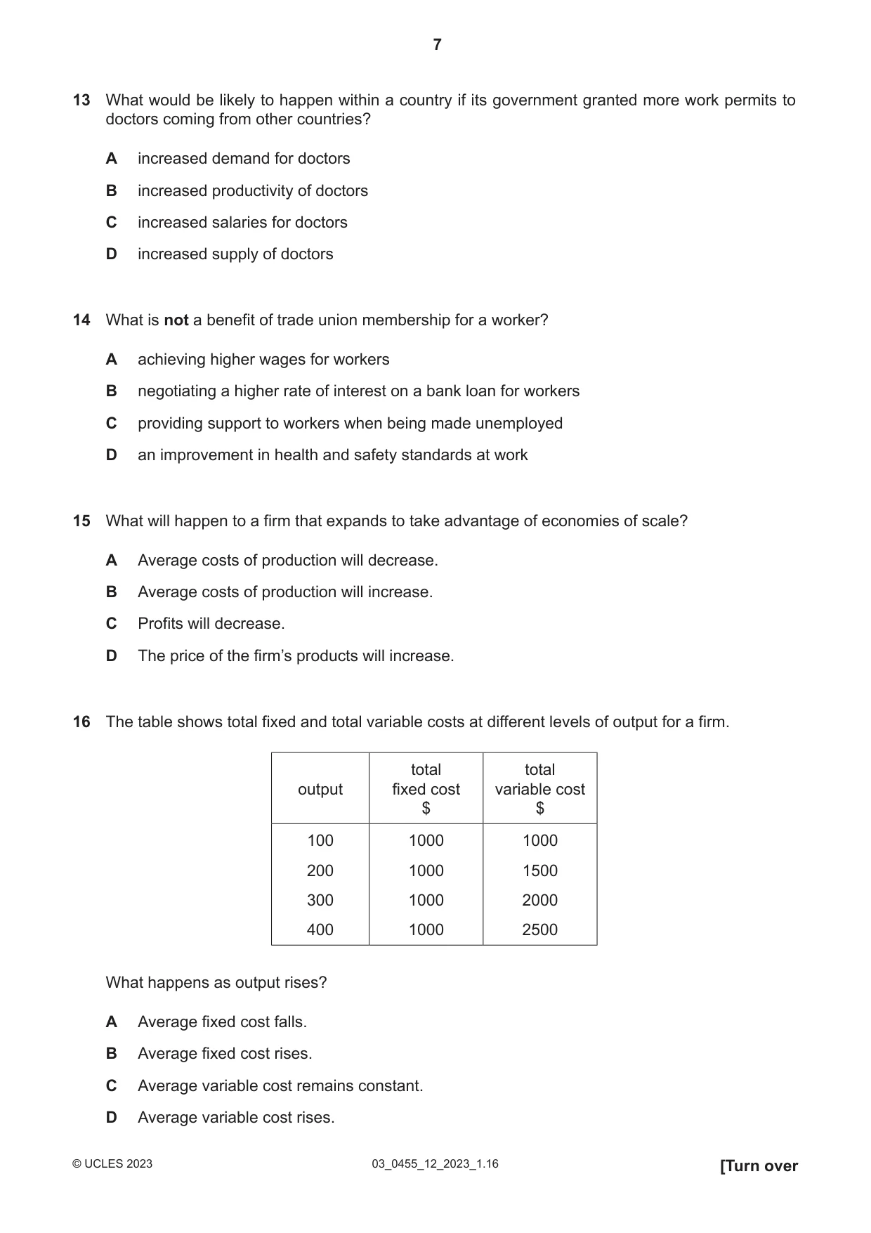 Cambridge IGCSE Economics 0455 2023 Feb/March Paper 1 · Variant 2 question paper, page 7 of 12