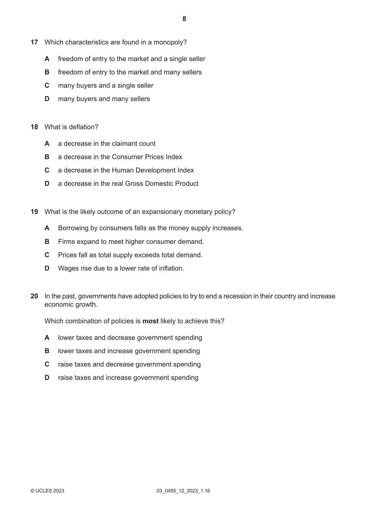 Cambridge IGCSE Economics 0455 2023 Feb/March Paper 1 · Variant 2 question paper, page 8 of 12